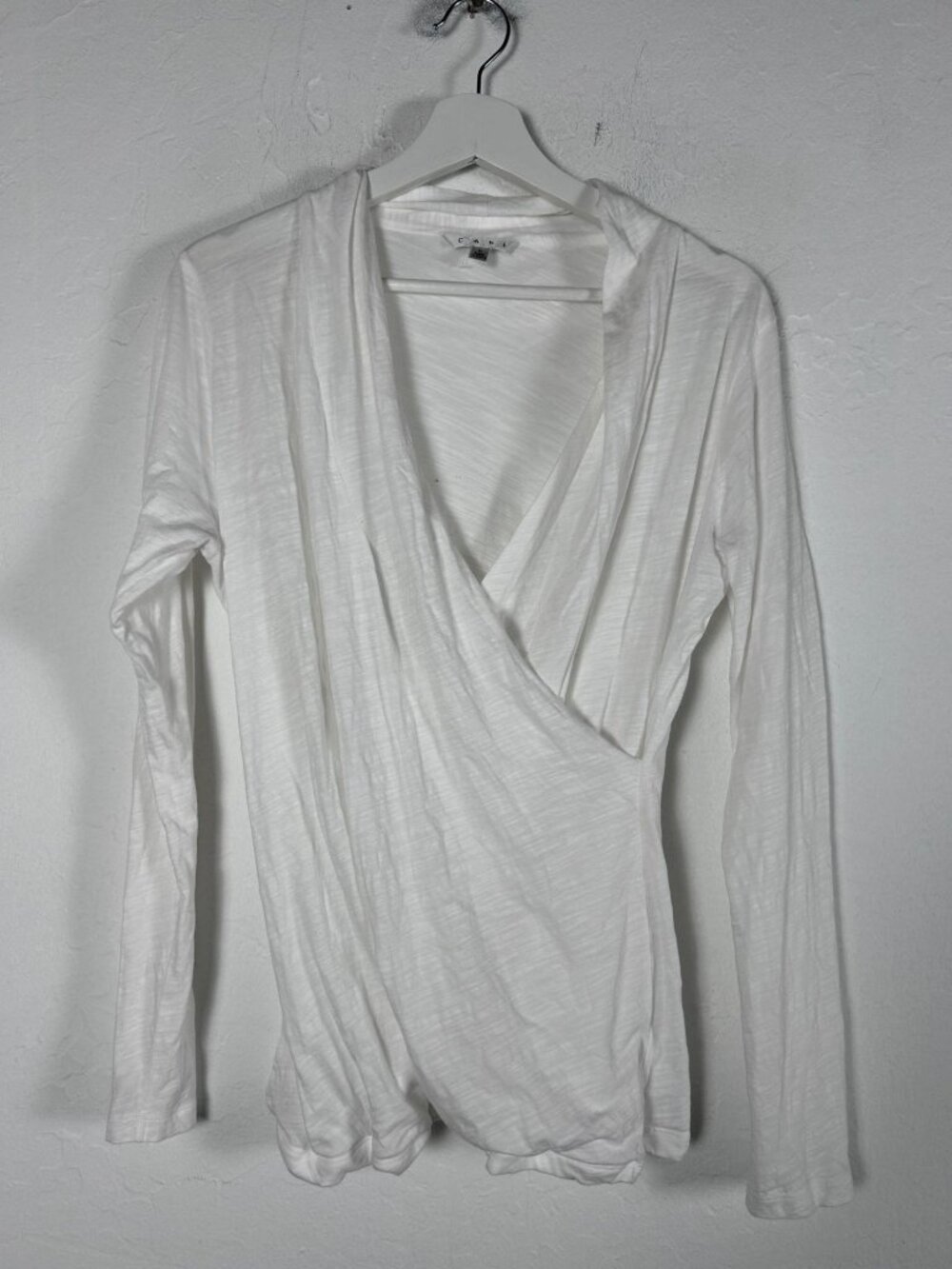 Cabi Womens White Long Sleeve Faux Wrap Top Blouse Large Lightweight 100% Cotton